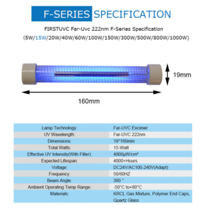 Vendi222 - 15W - Far UV-222nm excimer disinfection light tube (Ø19*160mm) 24VDC